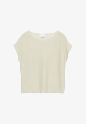 Hellbeige Kurzarmoberteil mit rundem Ausschnitt und lockerer Passform, mit einem Stoffetikett mit der Aufschrift "COMMA" im Kragen innen.