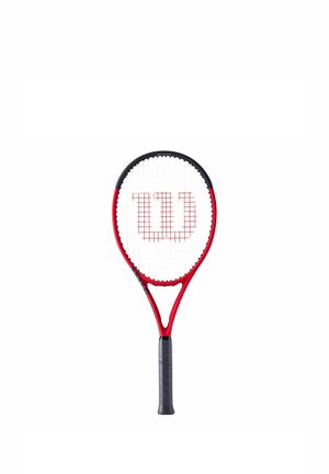 Tennisschläger mit einem schwarz-roten Rahmen und schwarzem Griff, weißen Saiten mit einem roten "W" Logo in der Mitte.