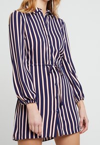 Pruhované košilové šaty s pruhy námořnické modré a růžové barvy, s knoflíky na předním díle, elastickým pasem a dlouhými nadýchanými rukávy. Hladká textura látky.