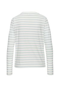 Langärmliges Oberteil aus leichtem, weichem weißen Stoff mit hellblauen Horizontalstreifen; Rundhalsausschnitt und gerade Abschlusskante.