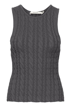 Grijze mouwloze kabelgebreide top met een ronde halslijn, voorzien van een gestructureerd patroon en een slim fit. Merkenlabel zichtbaar aan de binnenkant.