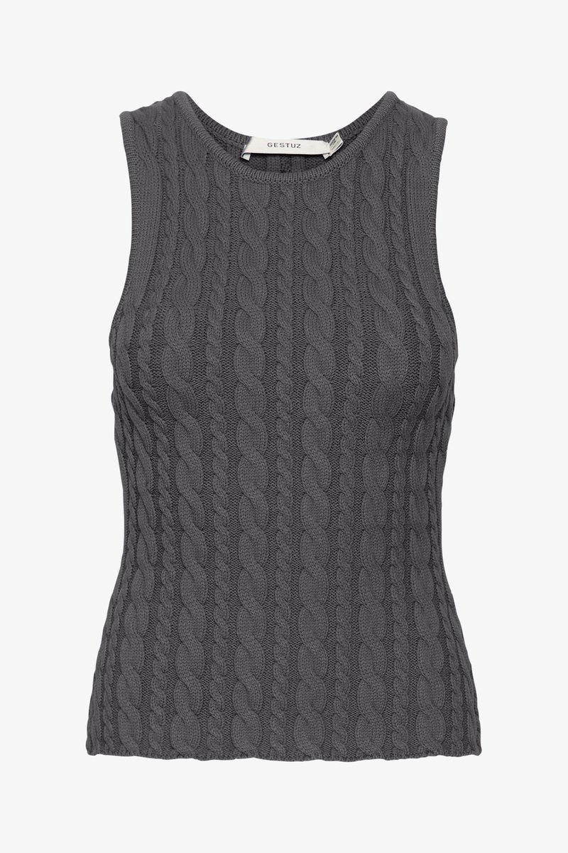 Grijze mouwloze kabelgebreide top met een ronde halslijn, voorzien van een gestructureerd patroon en een slim fit. Merkenlabel zichtbaar aan de binnenkant.