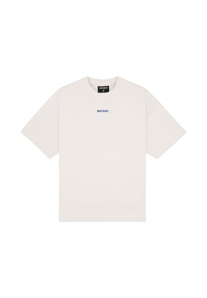 Plain white crew neck T-shirt with short sleeves and small blue "WRSTBHVR" text centered on the chest.