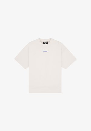Plain white crew neck T-shirt with short sleeves and small blue "WRSTBHVR" text centered on the chest.