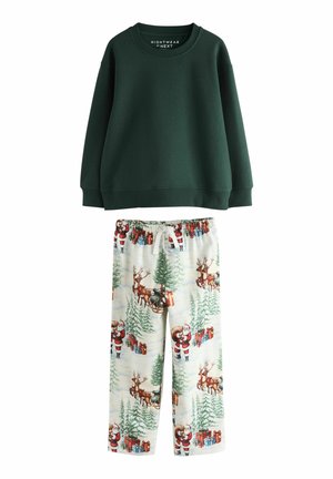 Dunkelgrünes Sweatshirt mit langen Ärmeln kombiniert mit weißen Pyjamahosen mit Santa Claus-, Rentier-, Weihnachtsbaum- und Geschenk-Mustern.