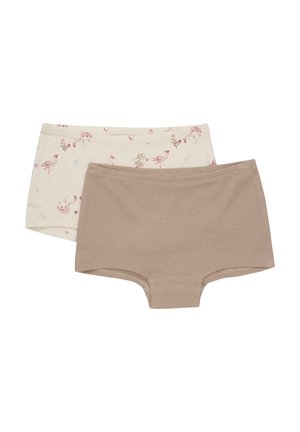 To sæt kvindelige hipster-trusser: det første i creme med pink flamingo-mønster, det andet i ensfarvet tan ribbet stof.