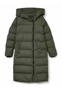 Tume roheline kapuutsiga paksult vooderdatud mantel, millel on ees tõmblukk, kaks küljetaskut ja horisontaalsete sektsioonidega tikitud tekstuur.