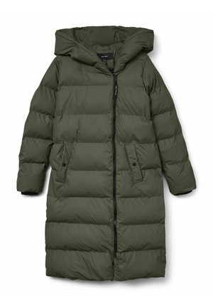 Tmavě zelený prošívaný kabát s kapucí, vybavený předním zipem, dvěma bočními kapsami a prošívanou strukturou s horizontálními sekcemi.
