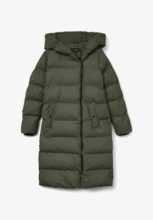 Dunkelgrüne Steppjacke mit Kapuze, ausgestattet mit einem Frontreißverschluss, zwei Seitentaschen und einer gesteppte Textur mit horizontalen Abschnitten.