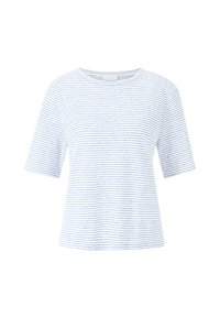 T-shirt rayé en bleu clair et blanc, à manches courtes, col rond, coupe décontractée, en tissu coton doux avec des rayures horizontales uniformes.