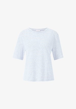 T-shirt rayé en bleu clair et blanc, à manches courtes, col rond, coupe décontractée, en tissu coton doux avec des rayures horizontales uniformes.