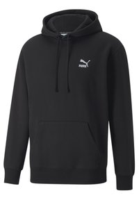 Čierna mikina z bavlnenej zmesi, s kloktanou kapsou, rebrovanými manžetami a bielym logom Puma na hrudi.