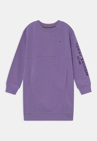 Fioletowa bluza z okrągłym dekoltem, długimi rękawami i kieszeniami z przodu. Na lewym rękawie znajduje się napis "TOMMY HILFIGER EST 1985".