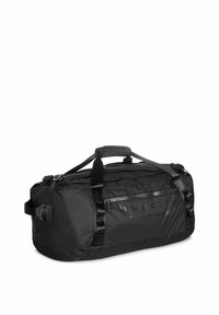Sac de voyage noir avec poche zippée, deux poignées de transport et poignée latérale, de marque "bugatti" avec le slogan "Always on the way."