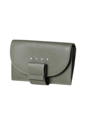 Olive green leather wallet with flap closure, front strap detail, and the word BREE in small white letters on the front.