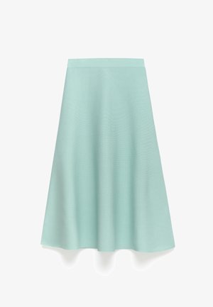 Een knie-lange, uitlopende rok in een lichte muntkleur, gemaakt van een gladde, geweven stof met een elastische tailleband.