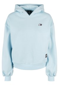 Light blue hooded sweatshirt with a relaxed fit, ribbed cuffs, and a small black logo on the chest. Soft cotton blend fabric.