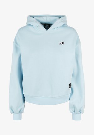 Hellblaue Kapuzensweatjacke mit lässiger Passform, gerippten Bündchen und kleinem schwarzen Logo auf der Brust. Aus weichem Baumwollmix-Stoff.