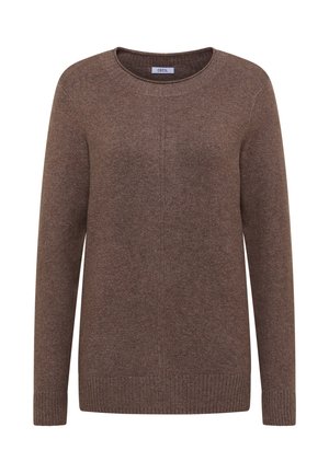 Brązowy sweter wykonany z miękkiego dzianinowego materiału. Posiada okrągły dekolt, długie rękawy oraz prążkowane mankiety i dół. Prosty, minimalistyczny design.