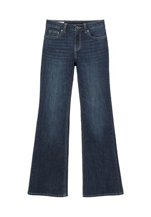 Jean en denim bleu foncé avec une taille haute et des jambes larges évasées, avec poches avant, passants de ceinture et fermeture par boutons.