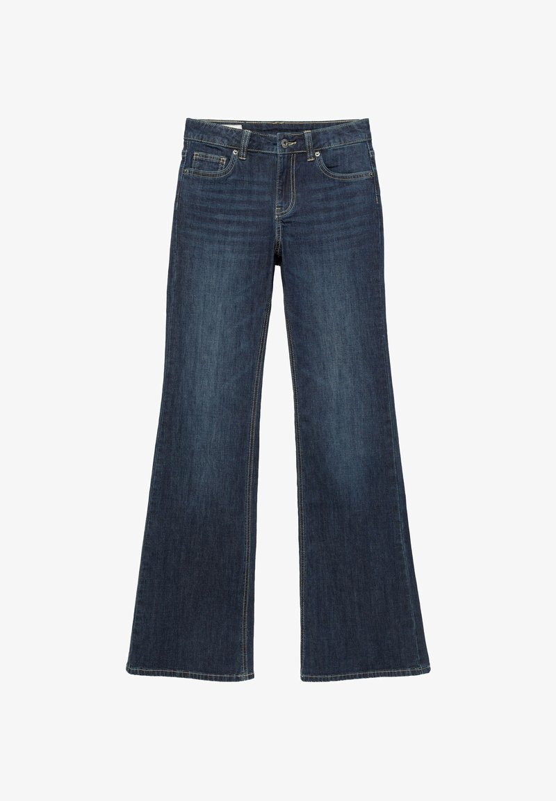 Jean en denim bleu foncé avec une taille haute et des jambes larges évasées, avec poches avant, passants de ceinture et fermeture par boutons.