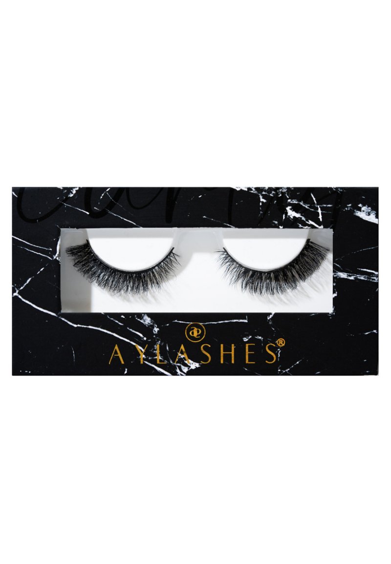 Black faux mink eyelashes in a clear plastic tray, surrounded by a rectangular black box with a marble pattern and gold logo text.
