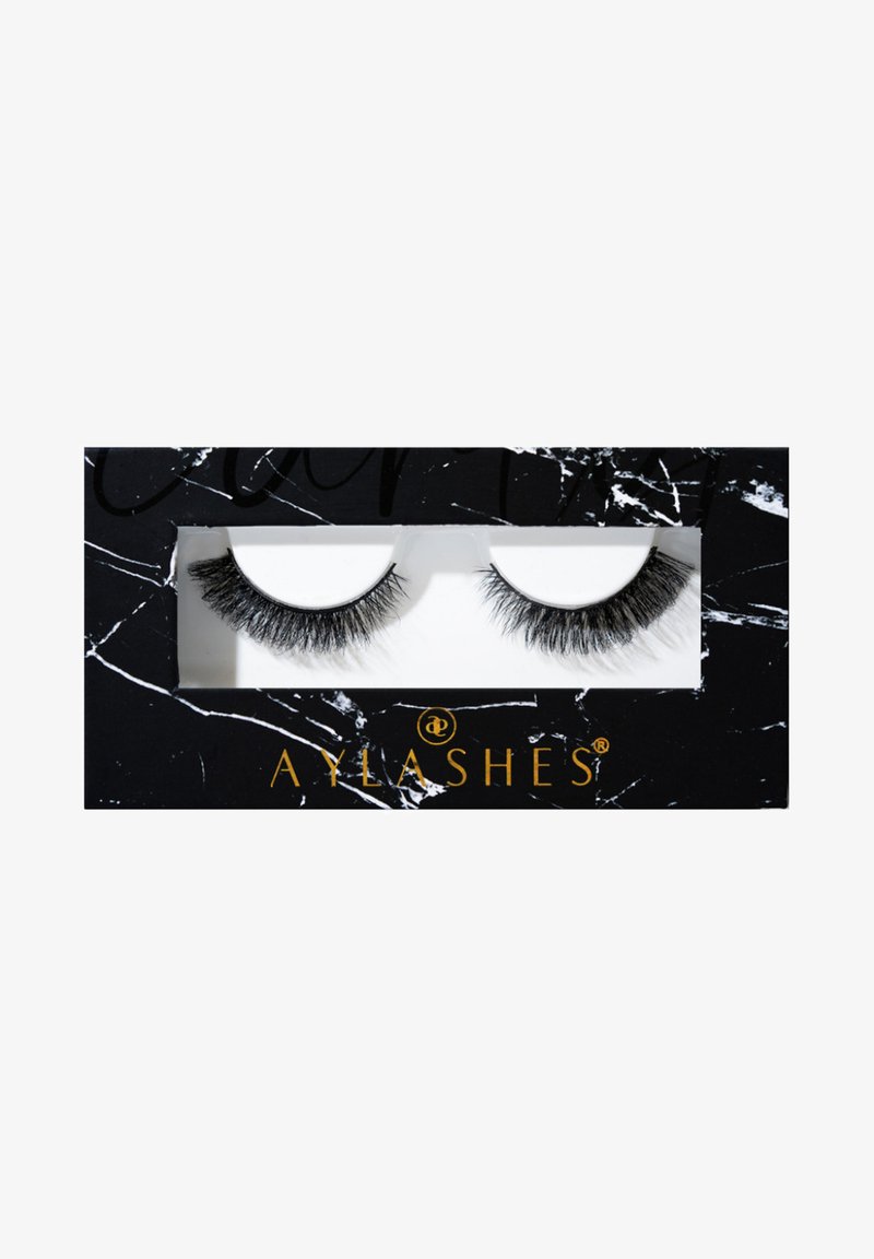 Black faux mink eyelashes in a clear plastic tray, surrounded by a rectangular black box with a marble pattern and gold logo text.