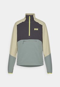 Halbzip-Pullover aus leichtem Material mit einem Farbblockdesign in Dunkelgrau, Hellbeige und Grün, einer Fronttasche und Logo.