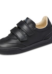 Sneaker in pelle nera con due strap in velcro, colletto imbottito beige e suola in gomma testurizzata per un look casual.