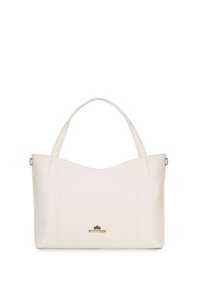 Witte leren tote bag met een gladde textuur, ronde bovenranden, een voorvak en een gouden merklogo-accent. Dubbele handvatten voor het dragen.