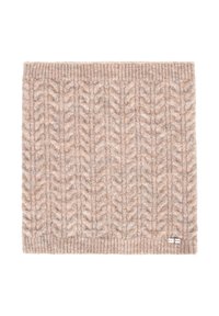 Dziany komin z jasnobeżowej wełny o fakturze z ozdobnym wzorem warkocza; posiada prążkowany brzeg i małą naszywkę z logo po jednej stronie.