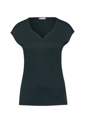 Zwarte damesblouse met korte mouwen en V-hals, licht getailleerde pasvorm en merkembleem "Street One" aan de binnenkant van de halslijn.