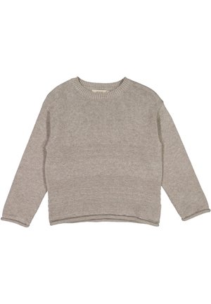 Hellgrauer Strickpullover mit langen Ärmeln, geripptem Rundhalsausschnitt und strukturierten horizontalen Mustern am Körper und an den Ärmeln.