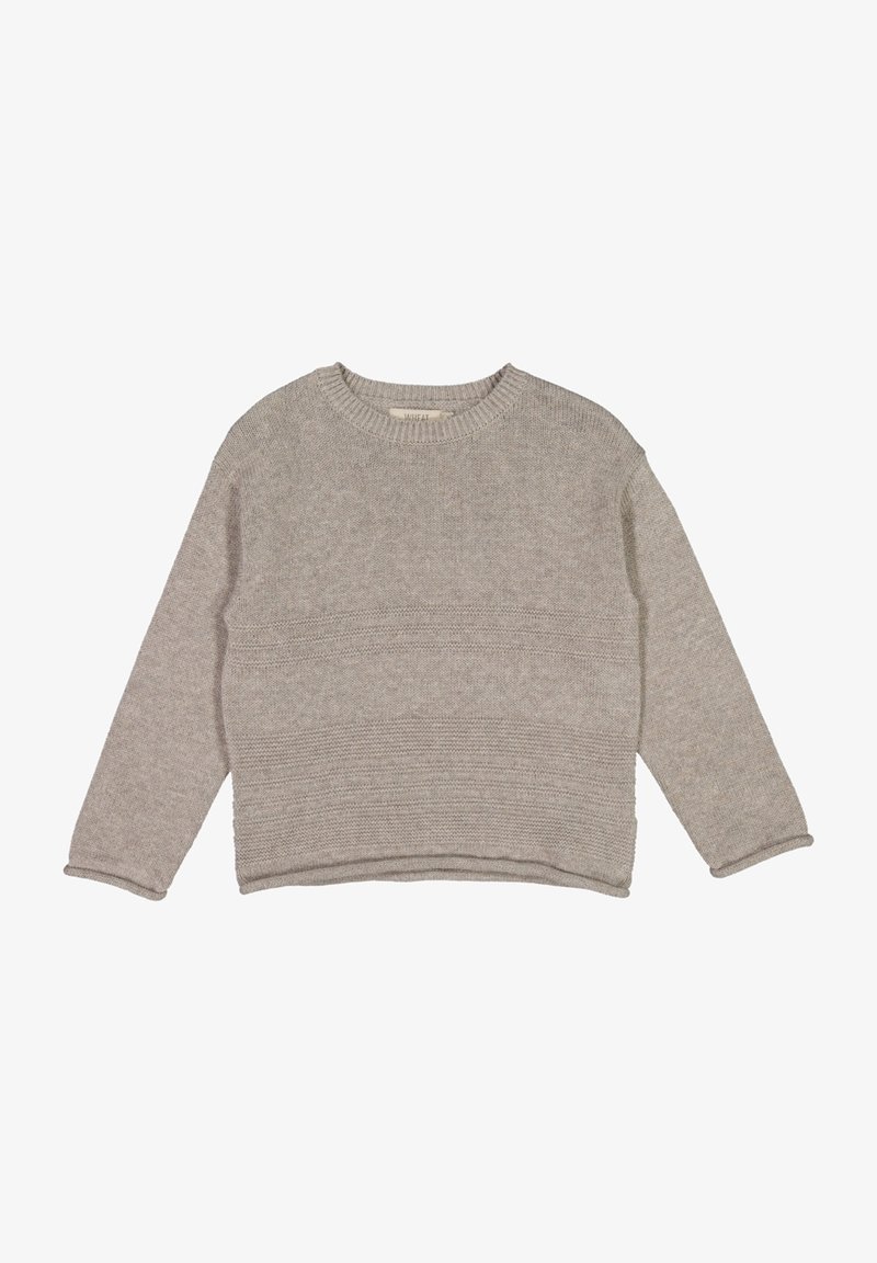Pull gris clair en maille à manches longues avec col rond côtelé et motifs horizontaux texturés sur le corps et les manches.