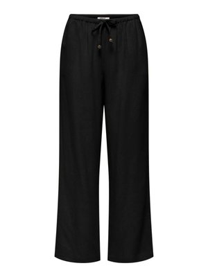 Pantalones negros de pierna ancha con cintura elástica y cordón ajustable con cuentas, diseñados para uso casual.