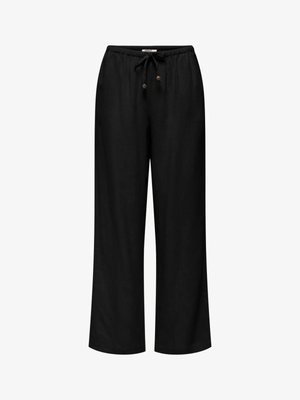 Pantalones negros de pierna ancha con cintura elástica y cordón ajustable con cuentas, diseñados para uso casual.