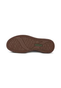 Smeđi gumeni potplat s teksturiranim uzorkom čini se s zelenom oznakom na kojoj piše "NATURAL SOFT." Ima valoviti dizajn i suptilne točkice.