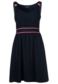 Robe sans manches bleu marine avec encolure en V, taille froncée et bretelles décoratives roses. Confectionnée en tissu léger avec une coupe fluide.