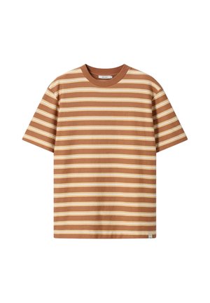 Braun-beiges kurzärmeliges T-Shirt mit horizontalen Streifen und Rundhalsausschnitt auf weißem Hintergrund.