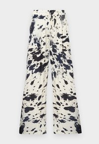 Παντελόνια με ευρύ πόδι από ελαφρύ ύφασμα, με μοτίβο πιτσιλιές σε μαύρο και λευκό. Ελαστική μέση με πιέτες για άνετη εφαρμογή.