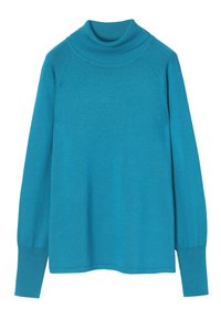 Pull col roulé turquoise à manches longues, col côtelé et texture douce, avec des manches raglan et une coupe décontractée.