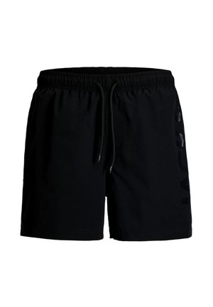 Zwarte short met elastische taille en verstelbare trekkoord, halflange pijpen tot halverwege de dij, met subtiele verticale merktekst op het rechterbeen.