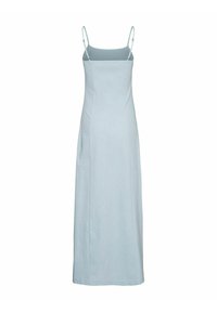 Light blue, sleeveless maxi dress with thin straps, fitted bodice, and straight skirt. Material has a smooth texture with no patterns.