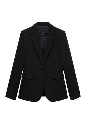 Black blazer made of smooth fabric, featuring a single button closure, notched lapels, two front pockets, and a chest pocket.