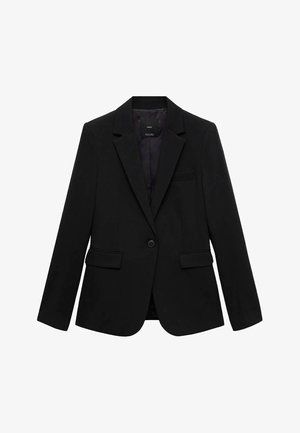 Blazer negro de tejido suave, con cierre de un solo botón, solapas muestradas, dos bolsillos frontales y un bolsillo en el pecho.