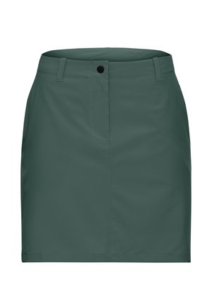 Donkergroene rok tot op de knie met lussen voor een riem en een zwarte knoopsluiting in de taille, afgebeeld op een witte achtergrond.