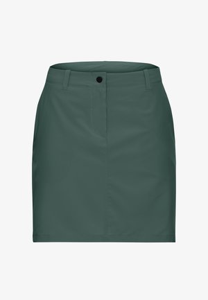 Donkergroene rok tot op de knie met lussen voor een riem en een zwarte knoopsluiting in de taille, afgebeeld op een witte achtergrond.