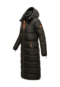 Long black quilted winter coat with hood, full front zipper, side zip pockets, and orange zipper pulls and logo patch on sleeve.
