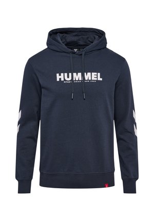 Navy blue hoodie with drawstrings, white "HUMMEL" text and logo on chest, white chevron stripes on sleeves, ribbed cuffs and hem.