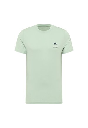 Mintgrünes Baumwoll-T-Shirt mit kurzen Ärmeln und rundem Halsausschnitt; verfügt über ein dunkelblaues Pferdelogo und Markentext auf der Brust.